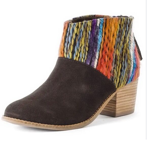 Toms LEILA Chocolate Suede Leather Colorful Textile Zip Back Heeled Ankle Boots - Picture 1 of 13